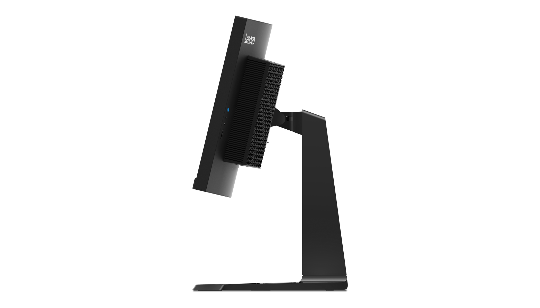 Czarny monitor Lenovo z boku. Monitor stoi na stojaku.