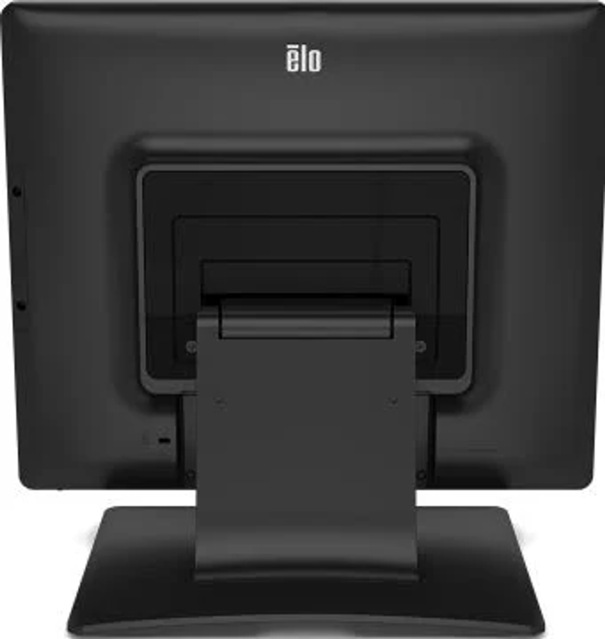 Die Rückseite eines schwarzen Computermonitors mit dem Logo „ēlo“ und einem Ständer auf weißer Oberfläche.