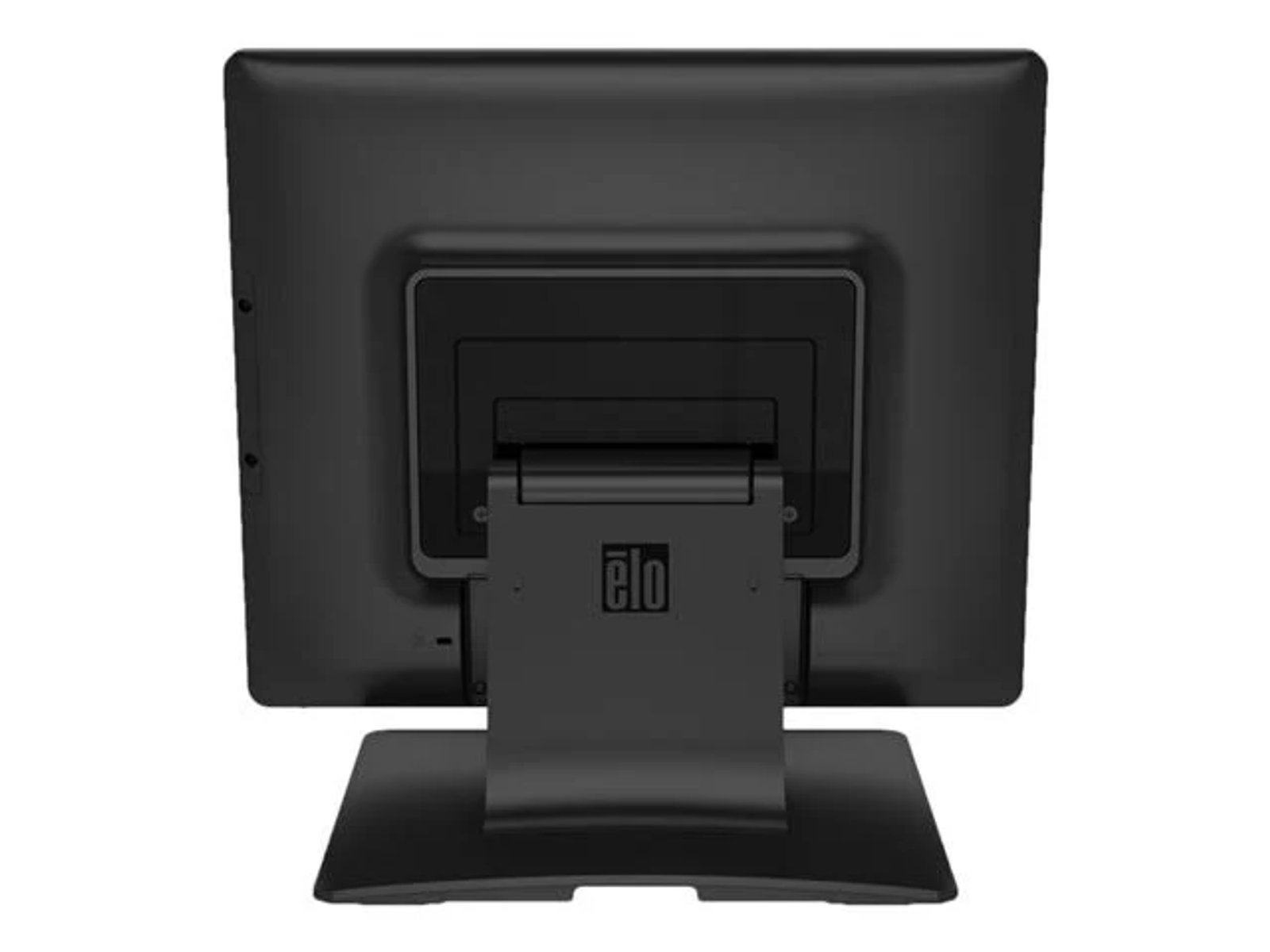 Rückansicht eines schwarzen Monitors mit Ständer. Das Elo-Logo ist sichtbar.