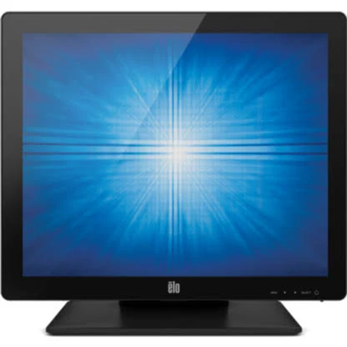 Schwarzer Elo-Touchscreen-Monitor mit blau beleuchtetem Bildschirm und schwarzem Sockel.