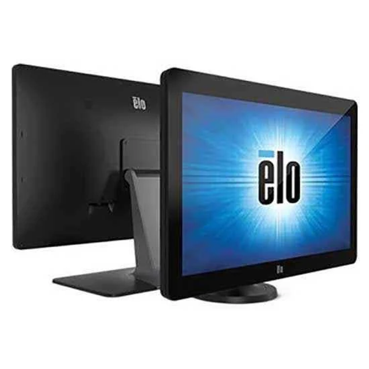 Zwei schwarze Computermonitore mit dem Elo-Logo auf den Bildschirmen, vor weißem Hintergrund.