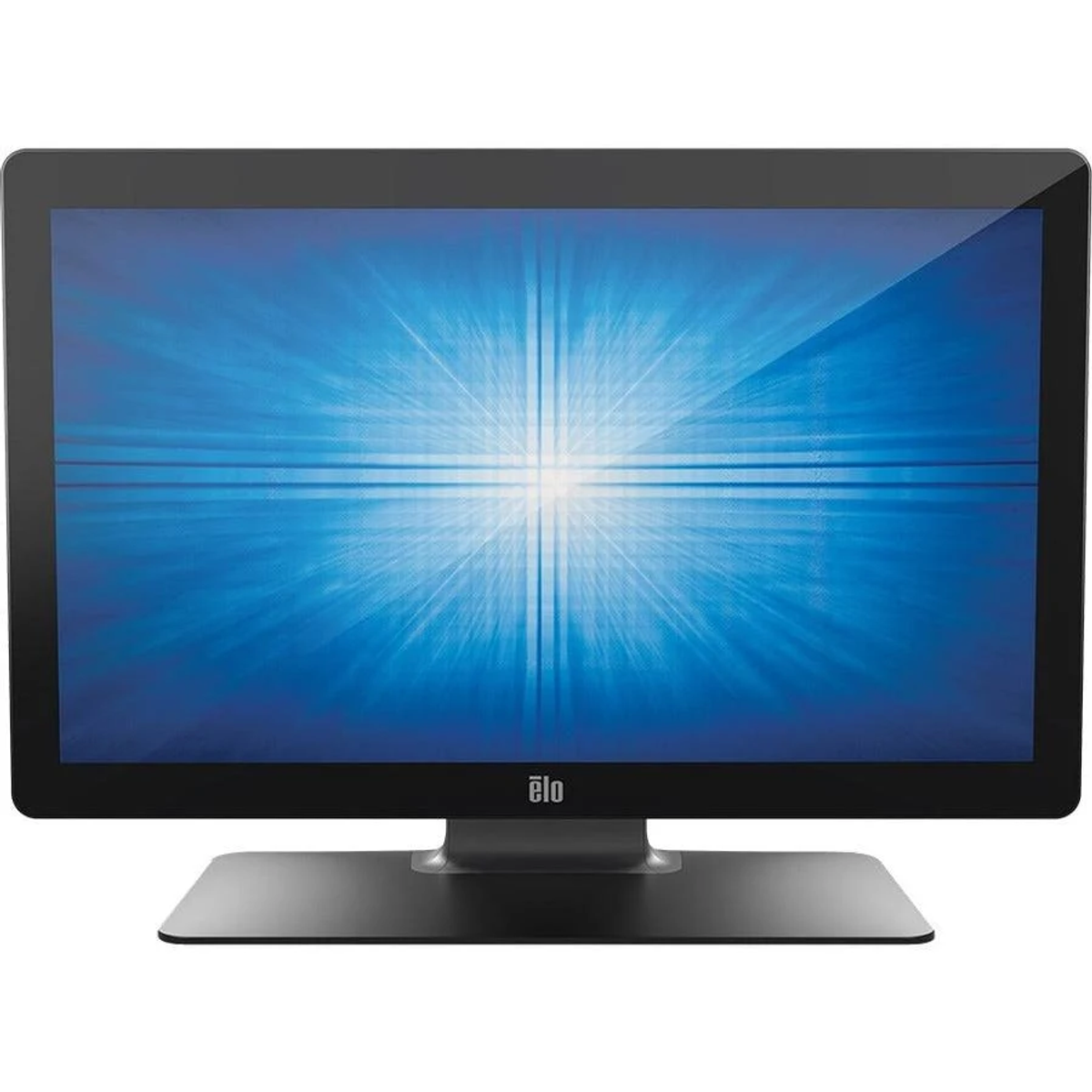 Ein schwarzer Computermonitor mit einem blauen Bildschirm, der ein weißes Lichtmuster anzeigt.