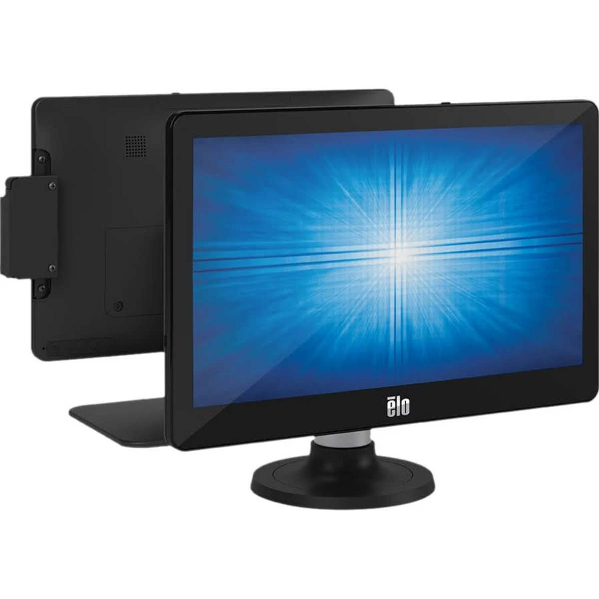 Zwei schwarze Computermonitore. Einer zeigt einen blauen Farbverlauf, der andere ist abgewinkelt. Beide haben einen Ständer.