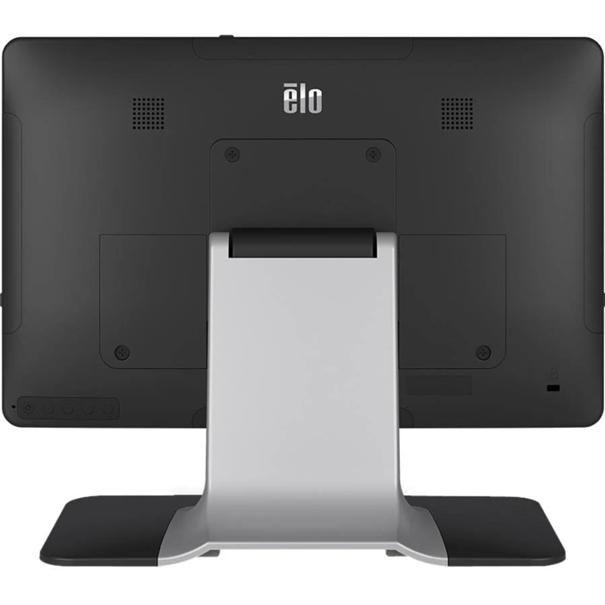 Rückansicht eines schwarzen Elo-Monitors mit silbernem Ständer auf schwarzer Basis.