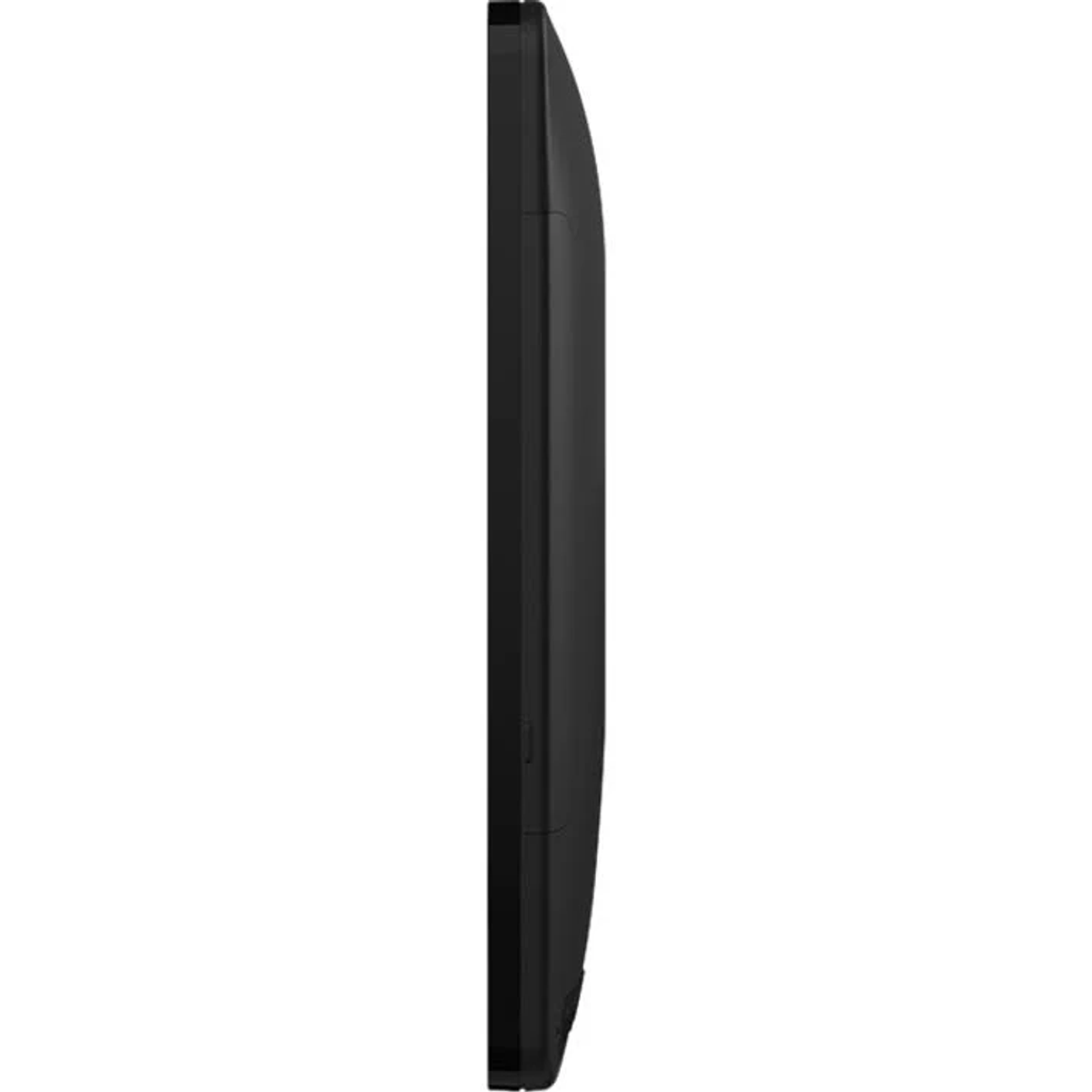 Schwarzes, schlankes Gerät, möglicherweise ein Tablet oder ein Telefon, von der Seite gesehen.