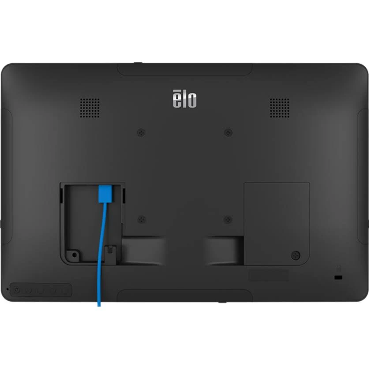 Die Rückseite eines schwarzen ELO-Tablets. Hat Anschlüsse für Strom und Daten. Das ELO-Logo ist sichtbar.