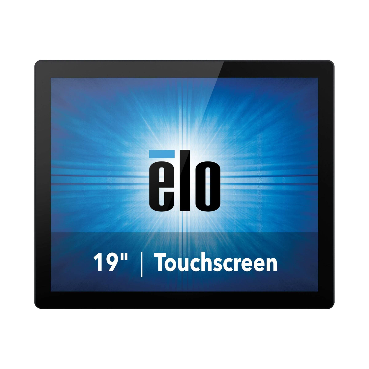 Schwarzer Touchscreen-Monitor mit blauem Hintergrund und "elo"-Logo. Liest "19" | Touchscreen".