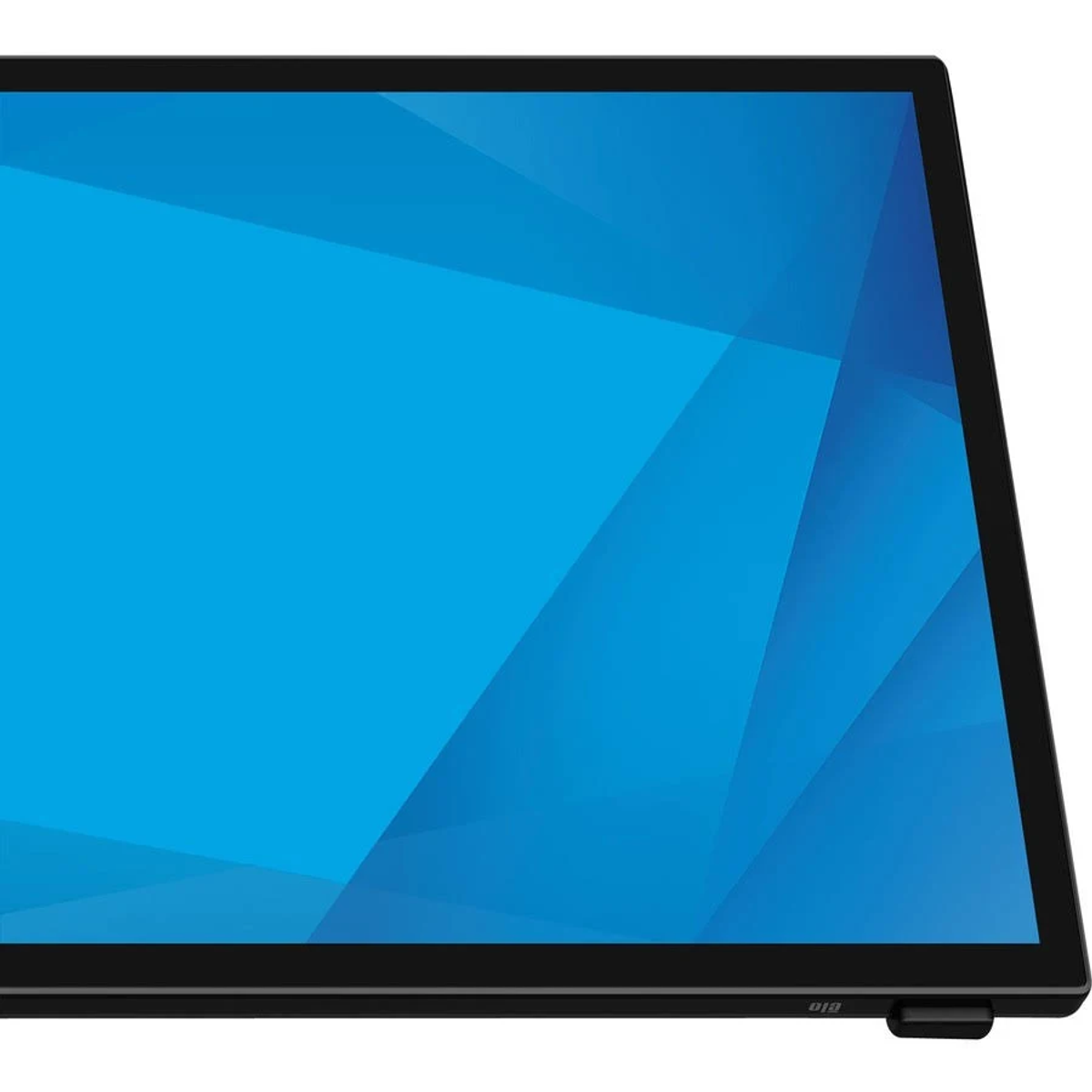 Czarny ekran, niebieskie kształty geometryczne.