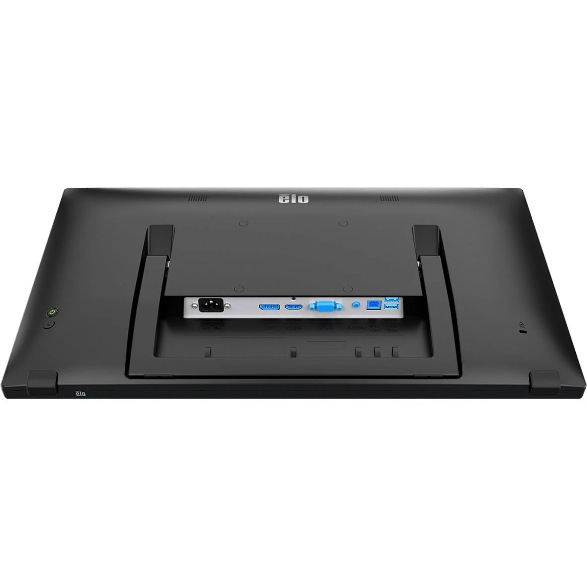 Tył czarnego monitora, z portami i dołączoną podstawką.