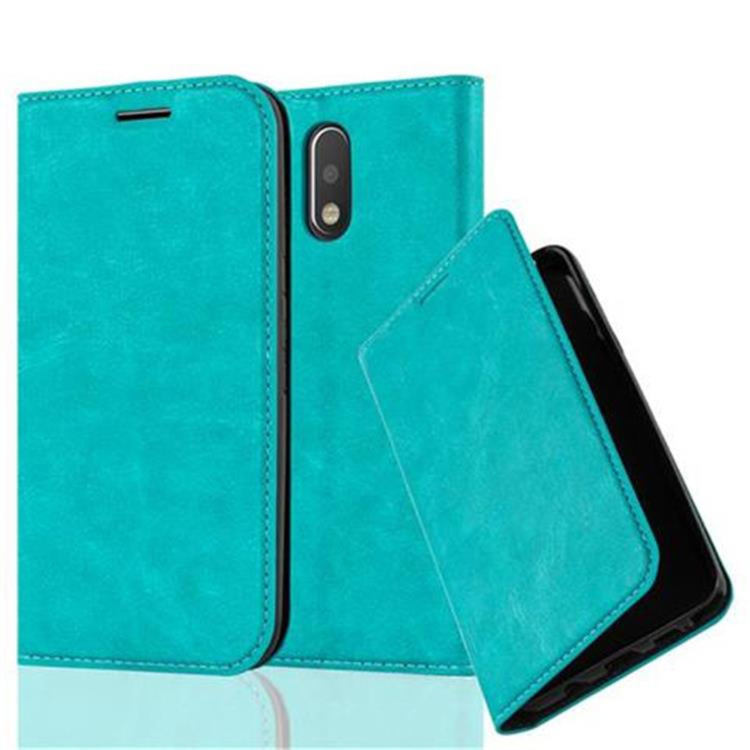 Funda de teléfono turquesa, con un teléfono dentro, abierta para revelar la pantalla.