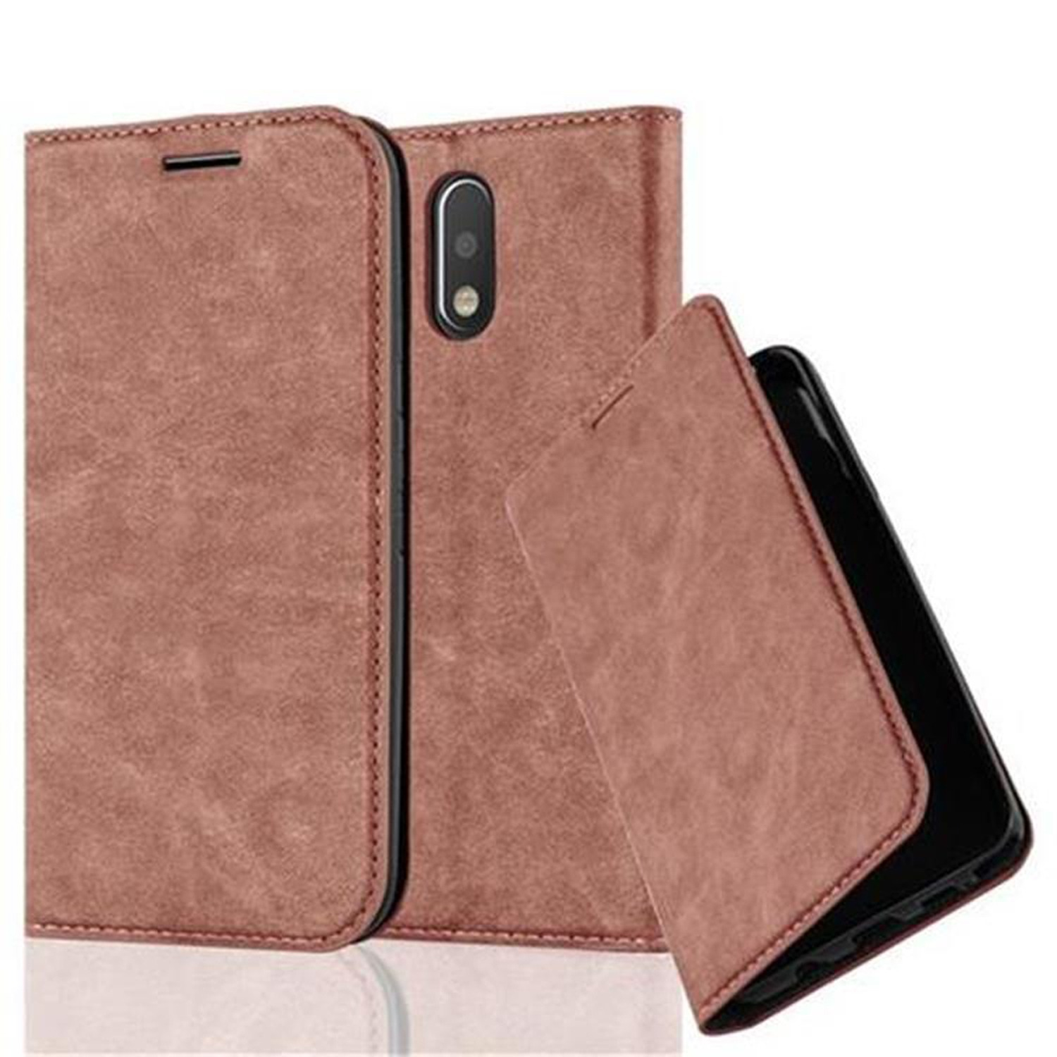 Funda de teléfono de cuero marrón. El teléfono está dentro, con la tapa abierta. Está sobre fondo blanco.