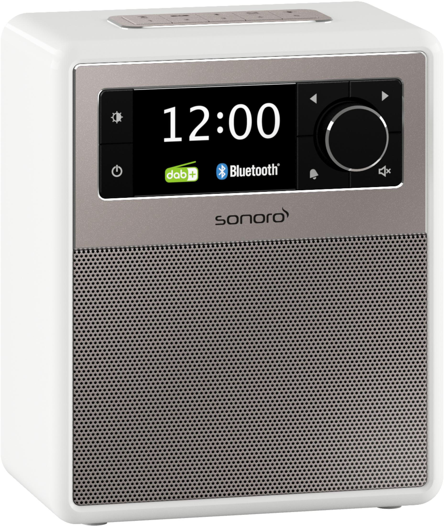 Weiß-silbernes DAB-Radio mit Digitaluhr und Lautsprechergitter.