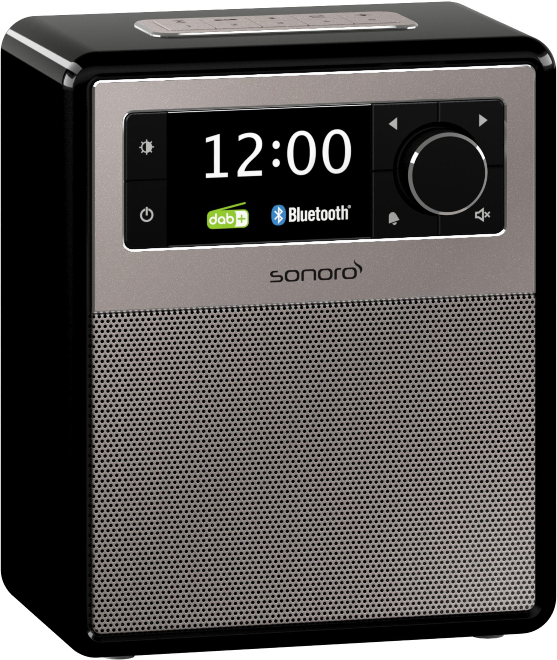Schwarz-silbernes Radio mit Digitalanzeige, die 12:00 Uhr, Bluetooth-Logo und Sonoro-Marke anzeigt.