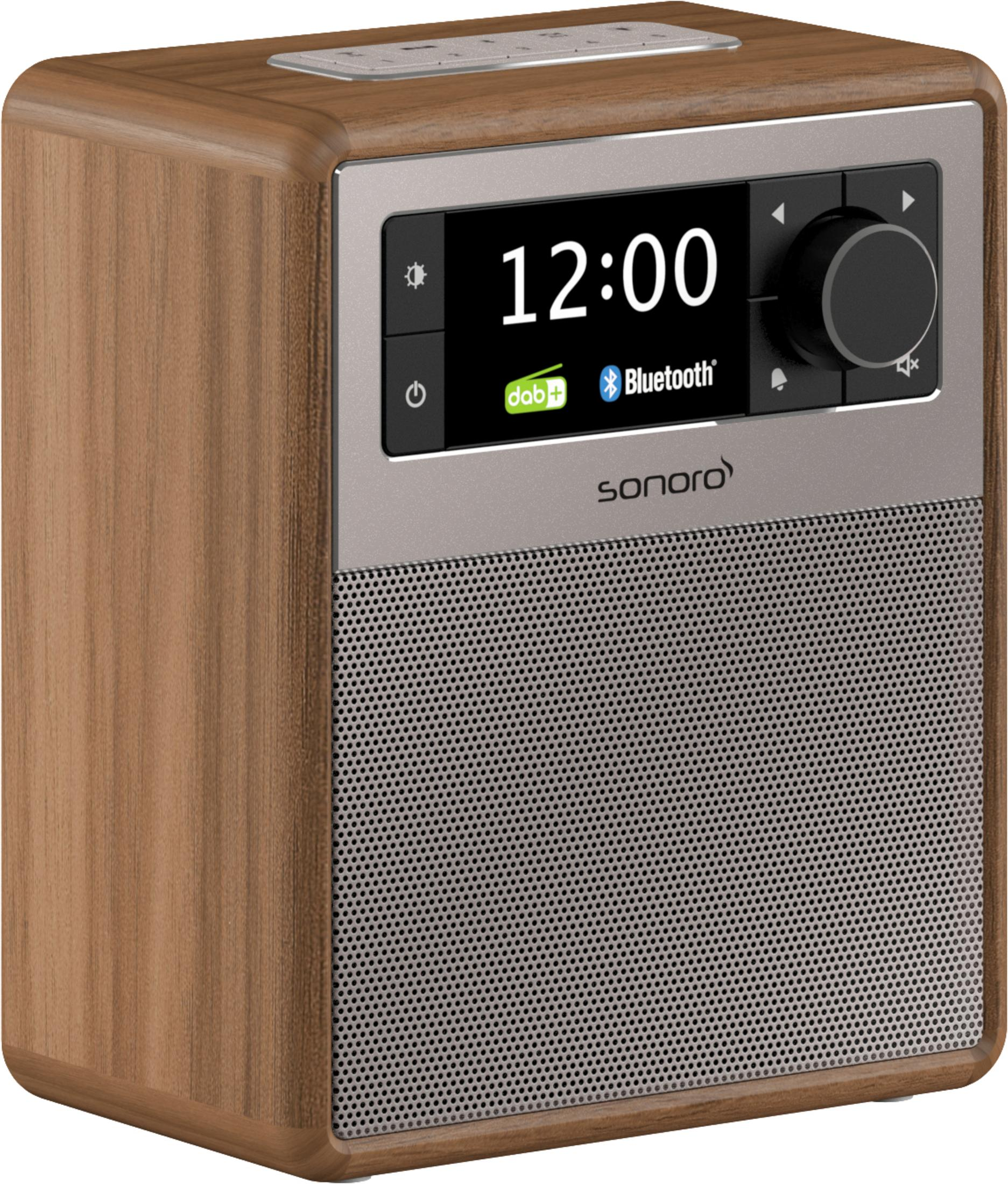 Ein Radio in Holzoptik mit Digitalanzeige, Bedienknopf und Lautsprecher.