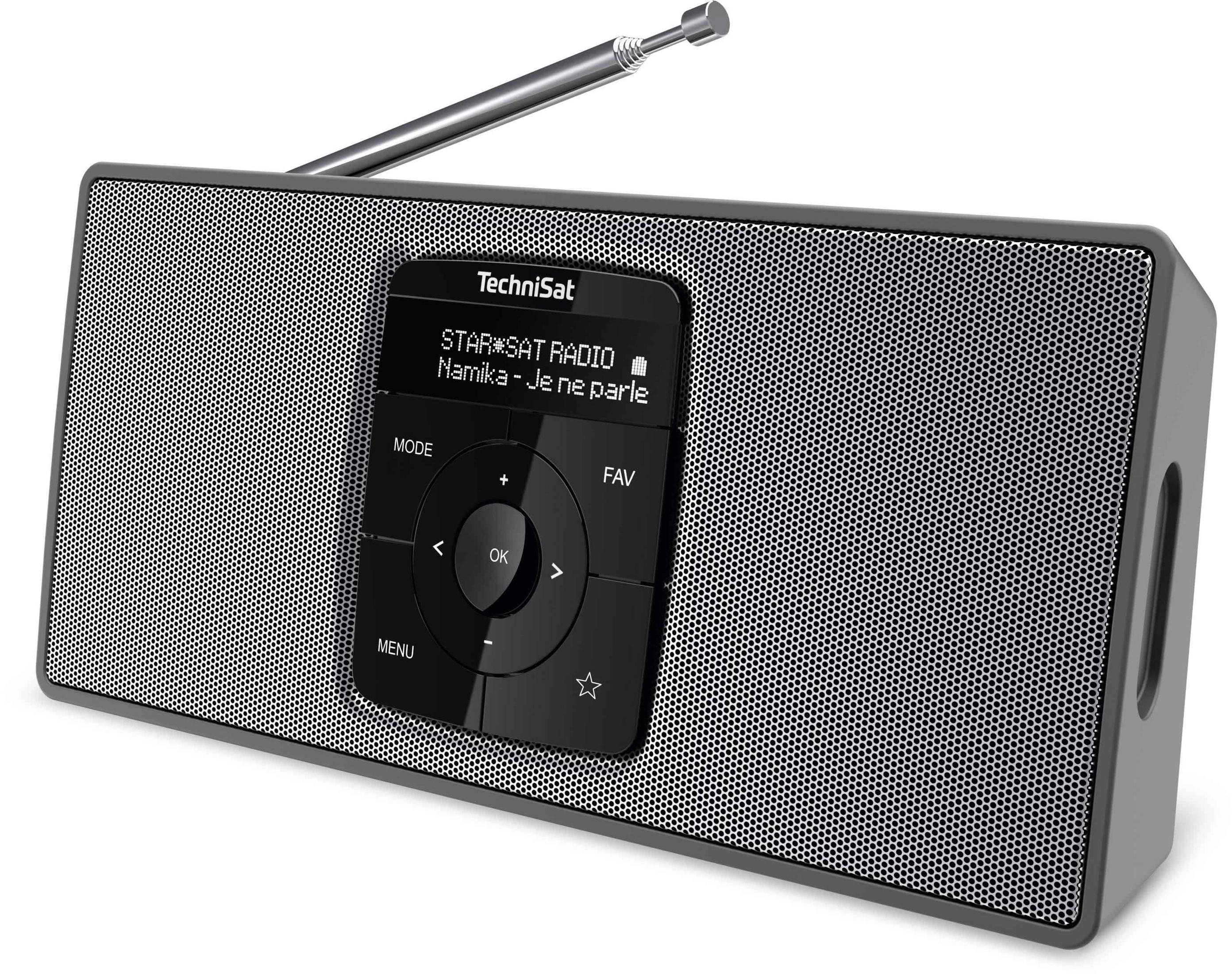 Szare radio TechniSat z ekranem i anteną. Ekran wyświetla STAR*SAT RADIO i tytuł piosenki.