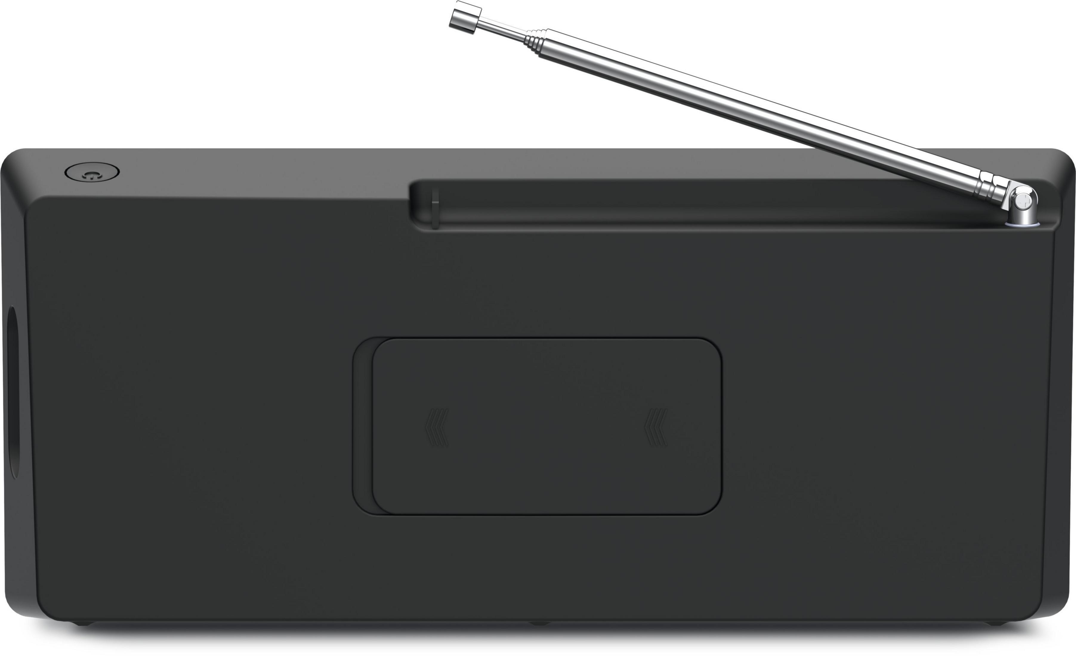 Czarne radio z anteną. Radio ma głośnik i panel.