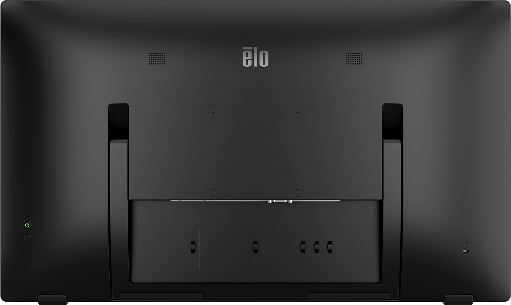 Rückansicht eines schwarzen Elo-Monitors. Elo-Logo, Anschlüsse und Ein/Aus-Taste sichtbar.