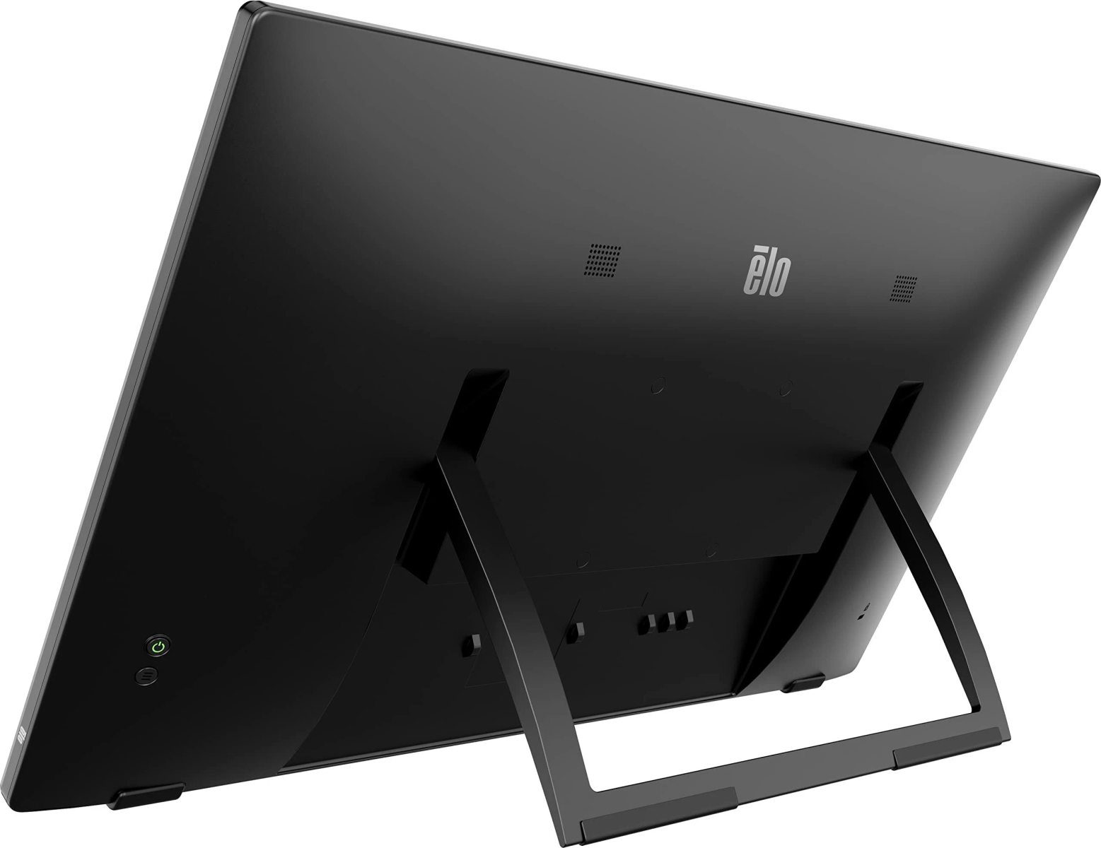 Schwarzer Computermonitor auf einem schwarzen Ständer. Der Monitor ist nach hinten geneigt.