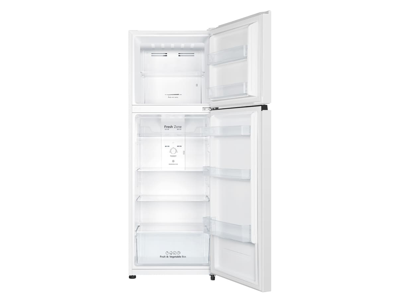 Biała otwarta lodówka. Wewnątrz półki i przegrody. Drzwi otwarte. Białe tło.