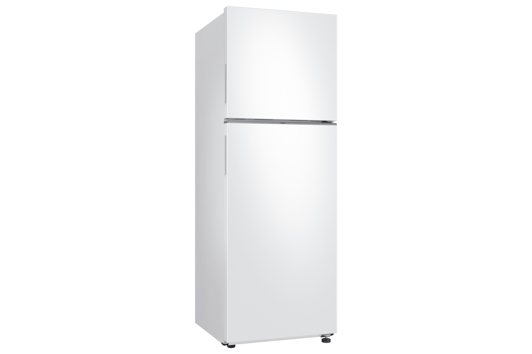 Biała lodówka z dwoma drzwiami, zamrażalnik na górze.
