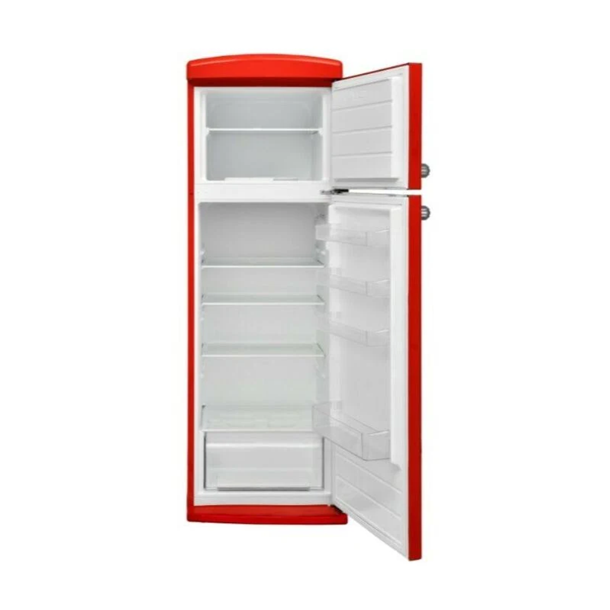 Refrigerador rojo con puertas abiertas. Interior visible, estantes y cajones. Fondo blanco.