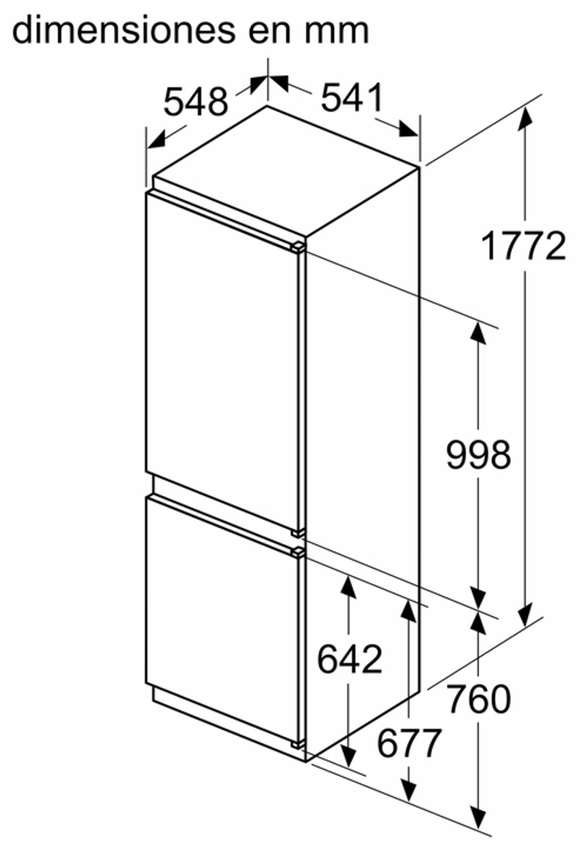 Un frigorífico empotrado con dimensiones en mm, que muestra dos compartimentos. Blanco.