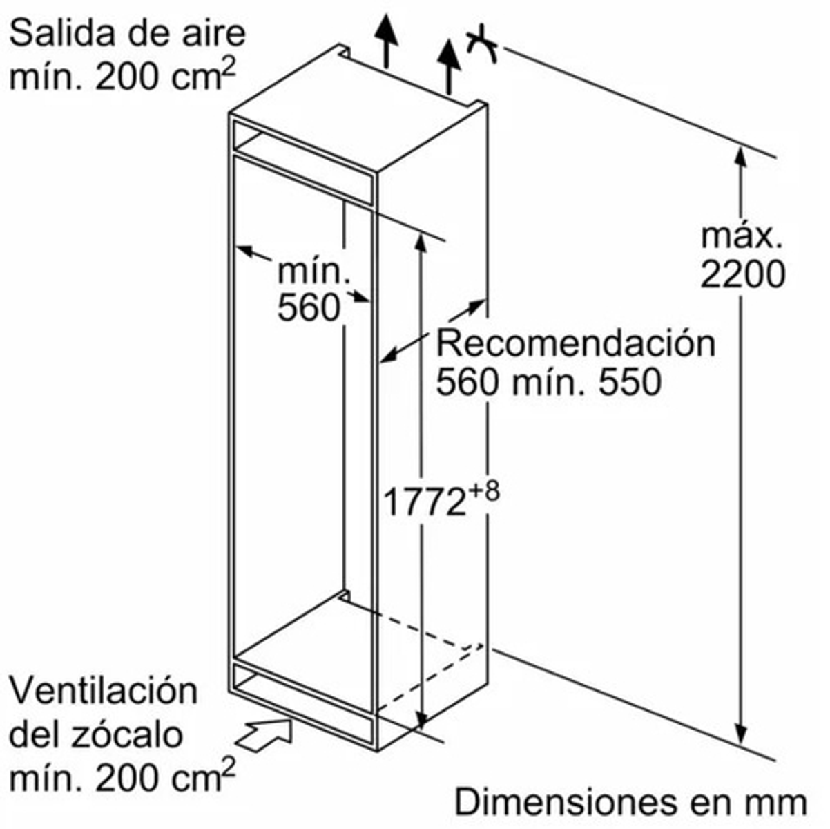 Un diagrama de un electrodoméstico empotrado, que muestra dimensiones, ventilación e información de salida de aire.