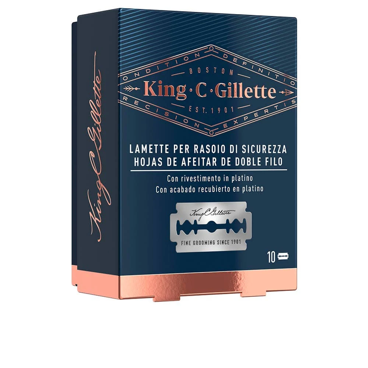 Una scatola di lamette King C. Gillette. La scatola è blu e color rame.