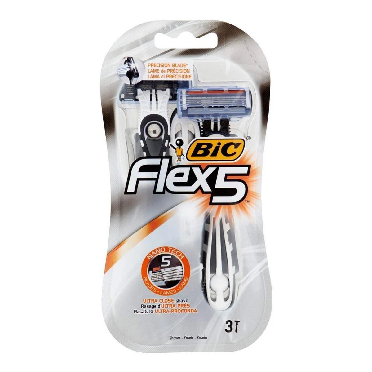 Confezione del rasoio Bic Flex 5 con cinque lame. La confezione è bianca e grigia.