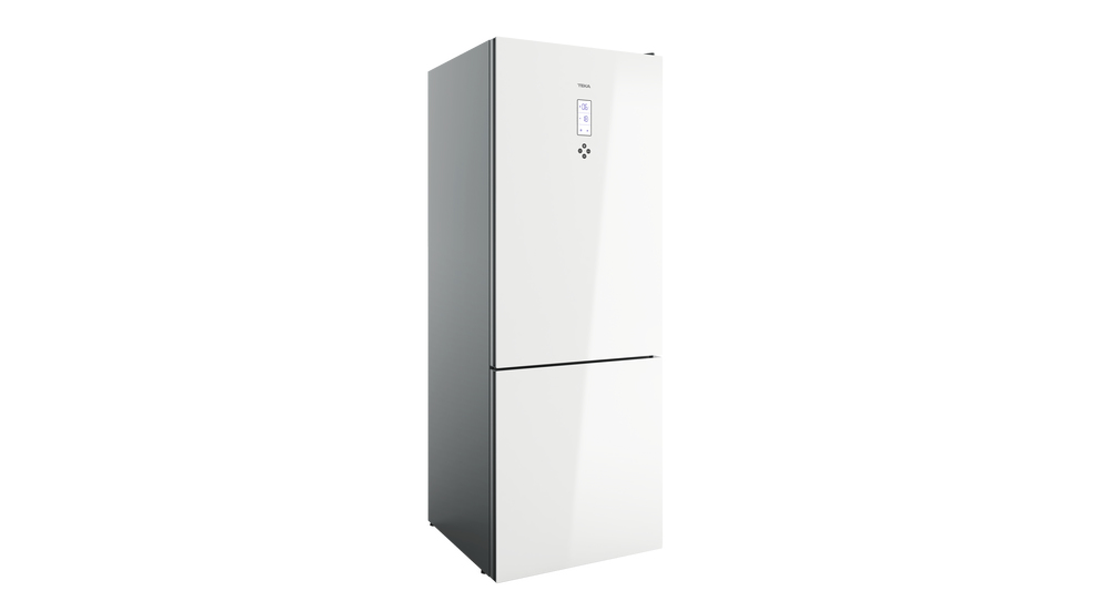 Un refrigerador blanco con un lado negro y una pantalla digital.