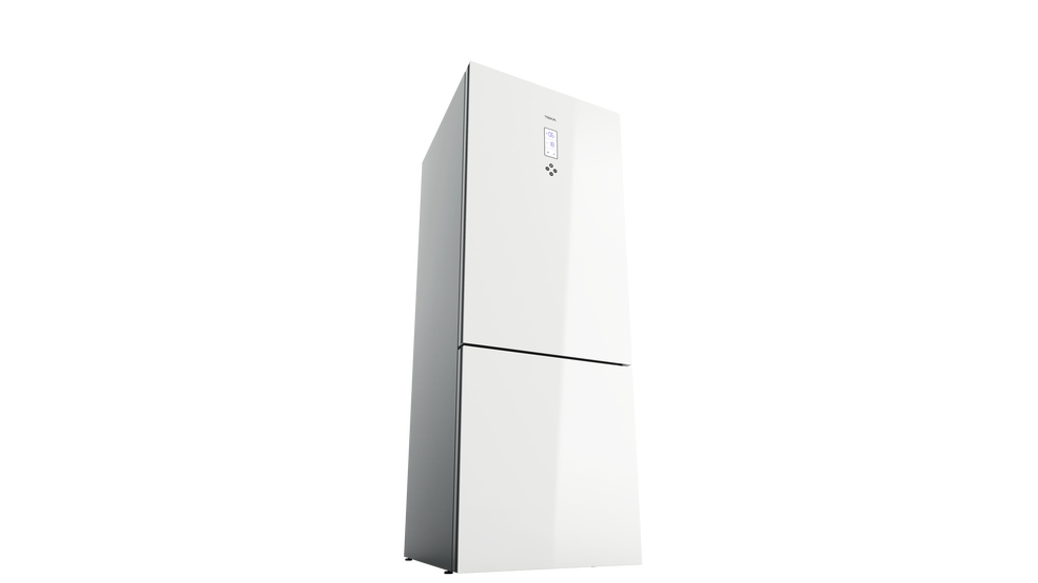 Un refrigerador blanco con diseño de dos puertas y una pantalla digital en la puerta superior.