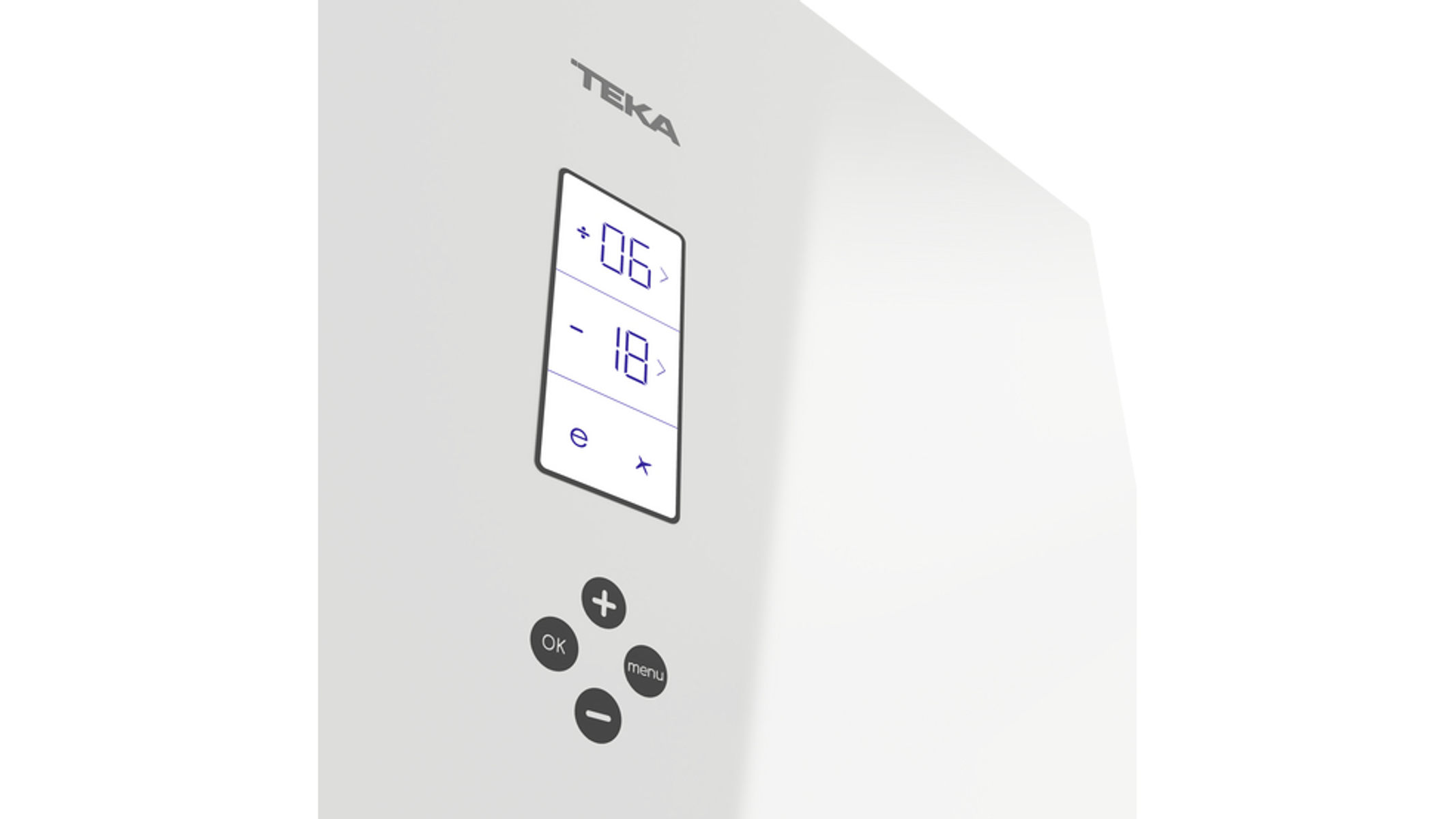 Panel de control de electrodomésticos blanco con pantalla y botones. El logotipo de TEKA está presente.