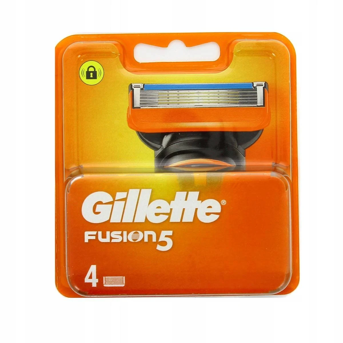 Gillette Fusion5 Rasierklingen in orangefarbener Verpackung. Die Verpackung zeigt vier Klingen und das Gillette-Logo.