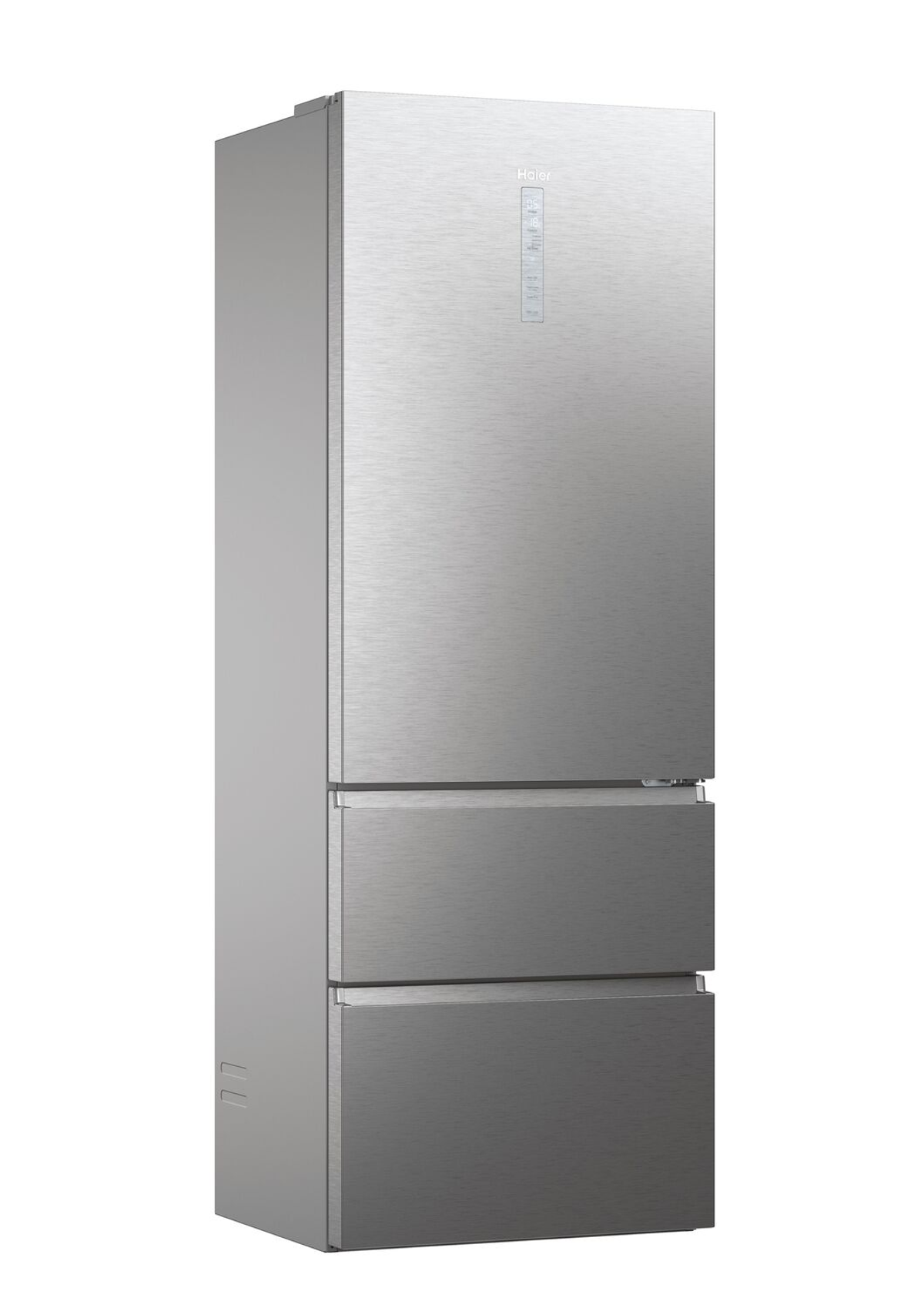 Frigorifero Haier argento. Due cassetti e una porta con display digitale.