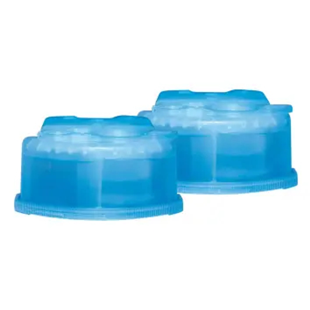 Due cartucce filtranti per acqua cilindriche, traslucide, blu chiaro, affiancate.