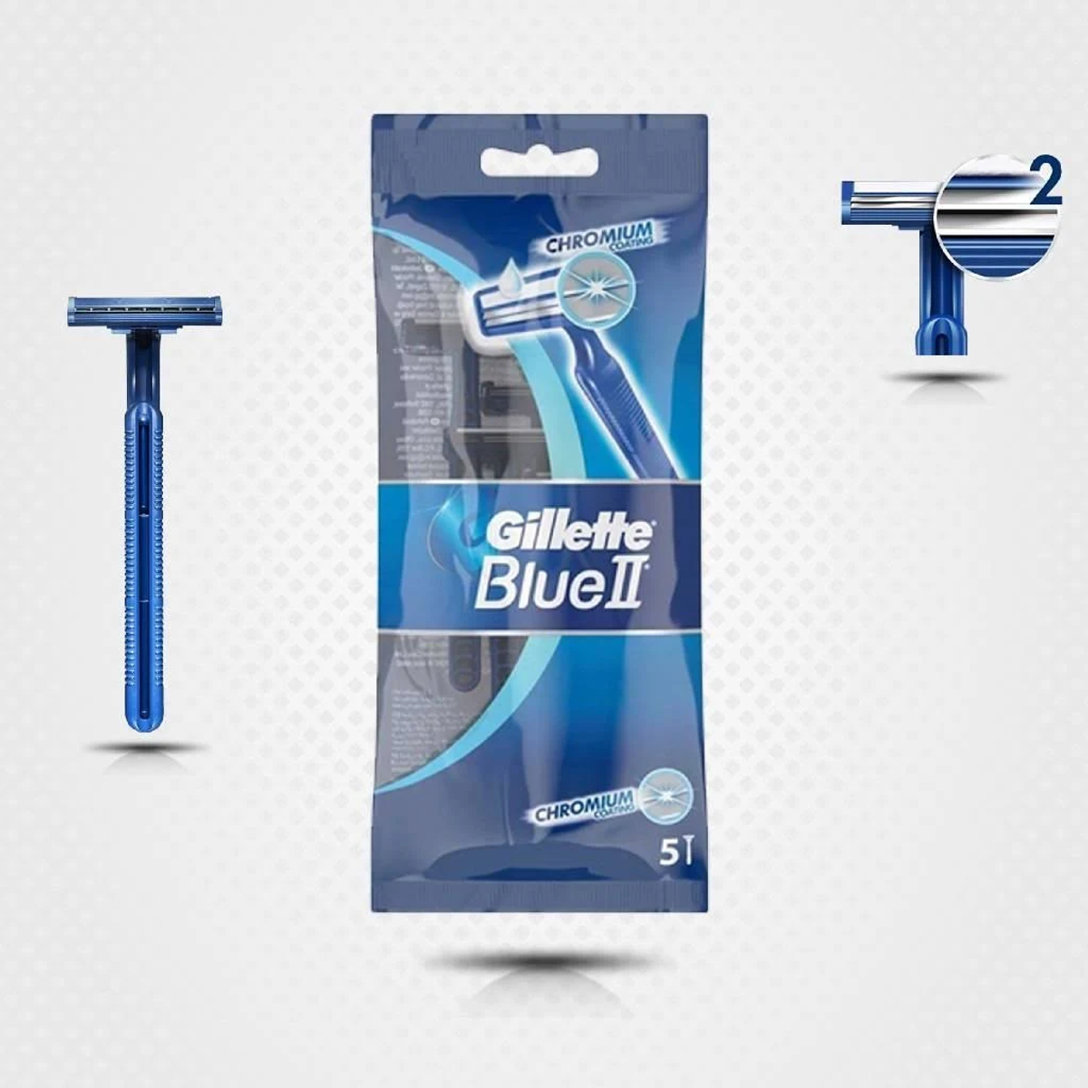 Una confezione di rasoi blu Gillette Blue II, con 5 rasoi all'interno e un singolo rasoio sul lato.