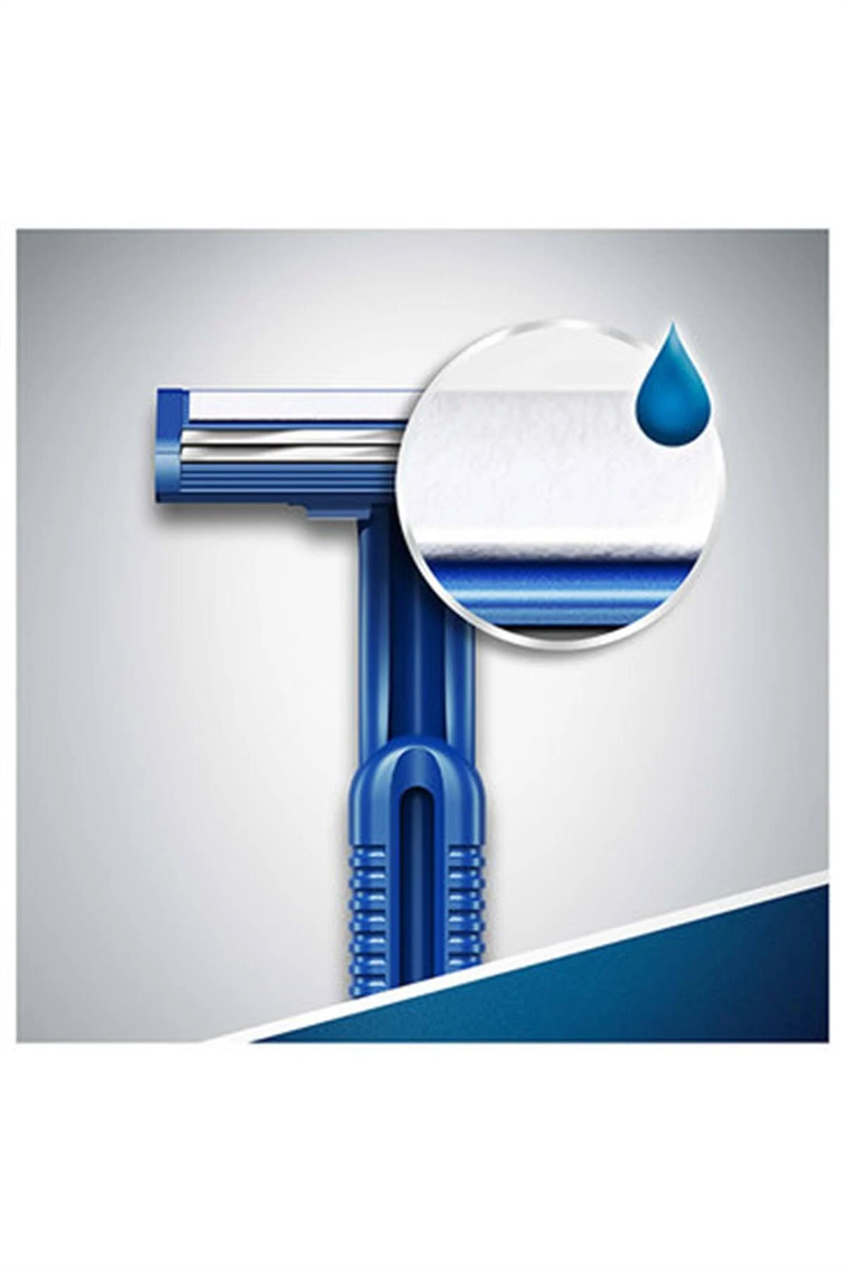 Rasoi blu, primo piano. Focus sulle lame e una goccia d'acqua.