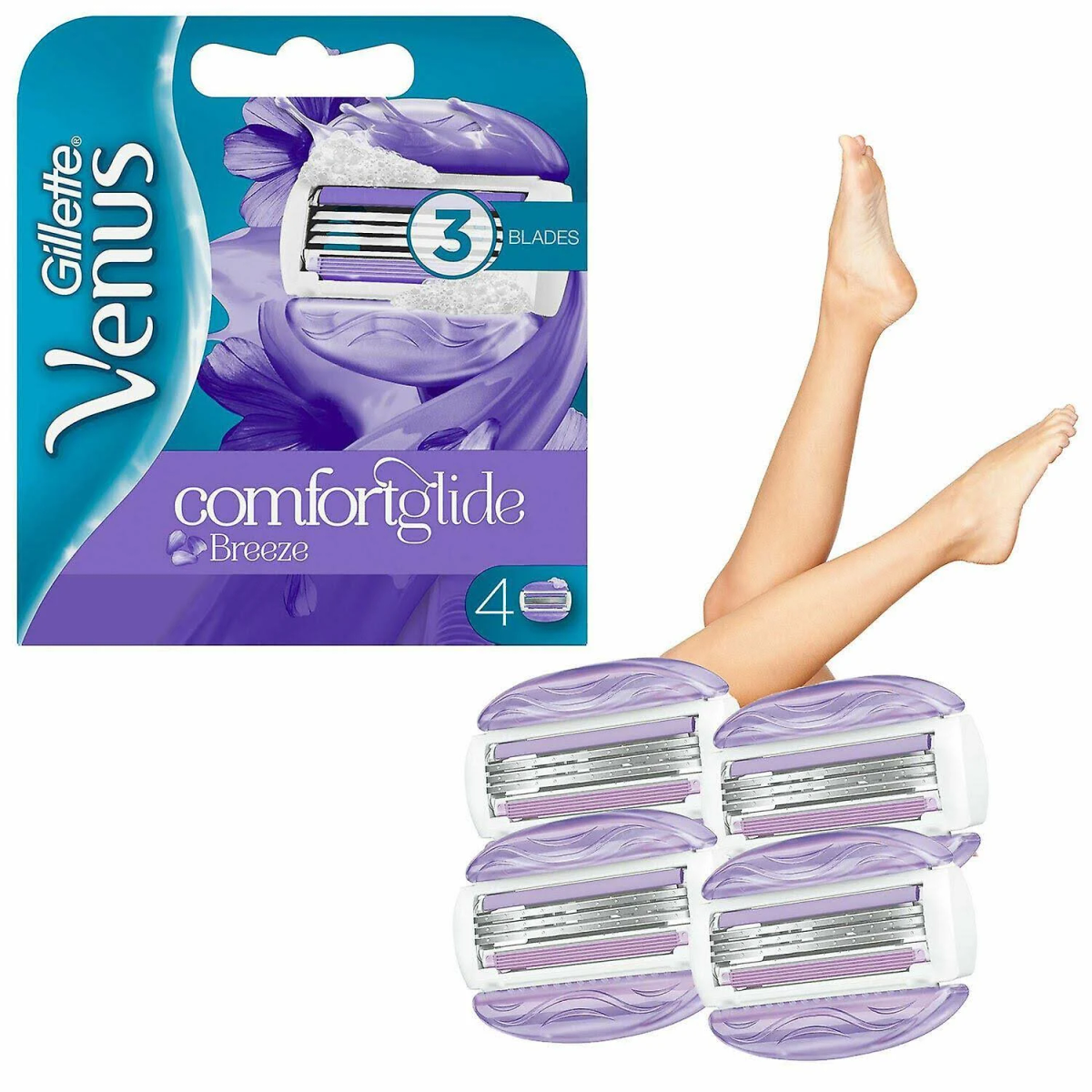 Lame da rasoio Gillette Venus con gambe e confezione.