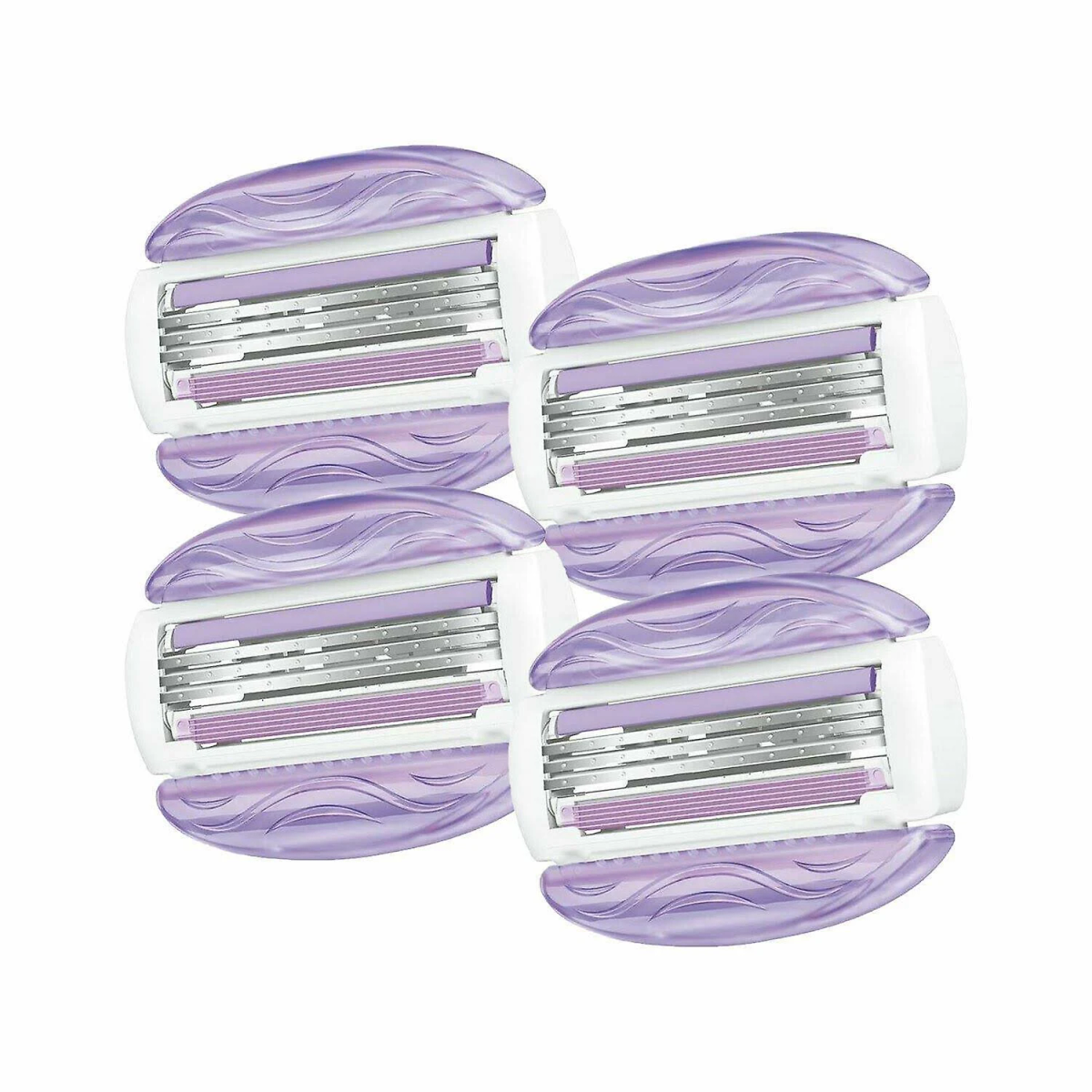 Quattro cartucce di lamette viola su sfondo bianco. Le lame sono argentate.