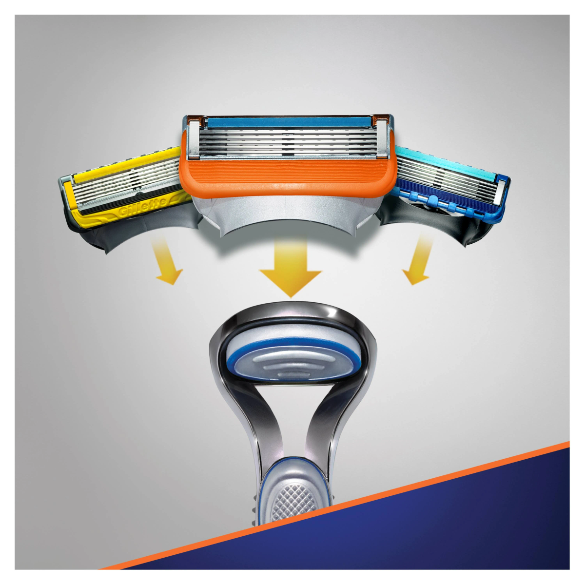 Tre lamette Gillette sopra un manico. Ogni lametta ha un colore e un design diversi.