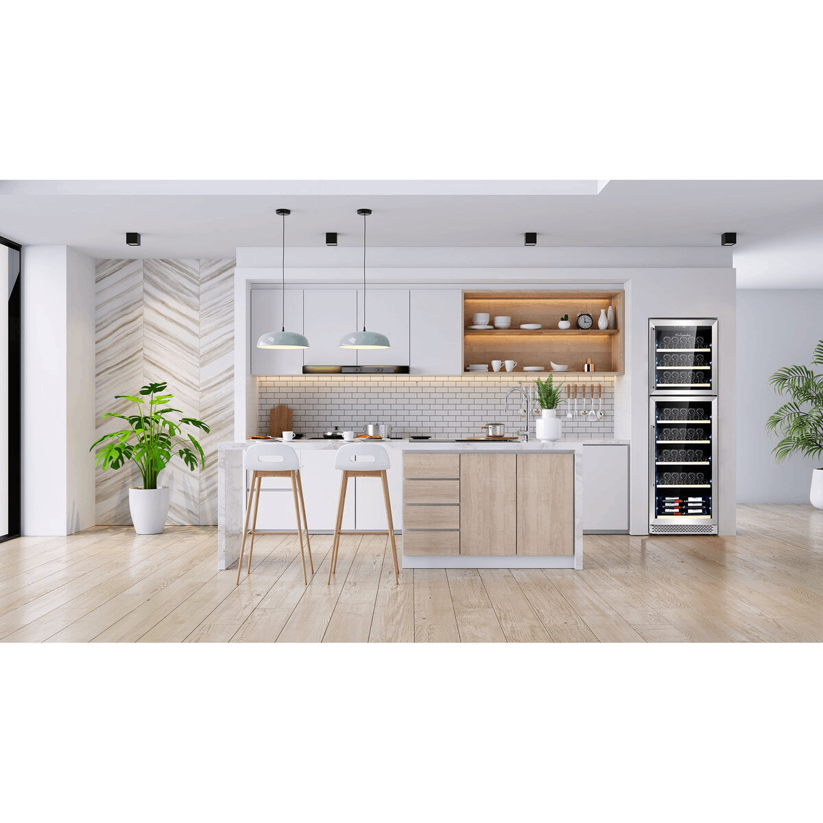 Un interior de cocina moderno con una barra y un enfriador de vino.