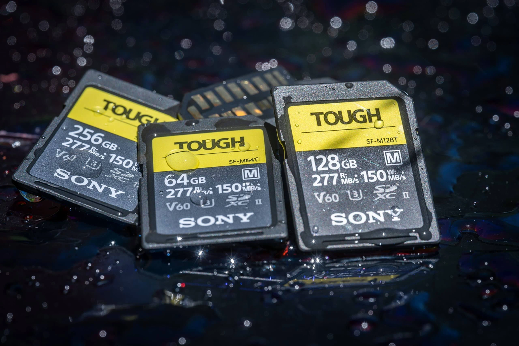 Tres tarjetas SD Sony Tough grises y amarillas sobre una superficie oscura y húmeda.