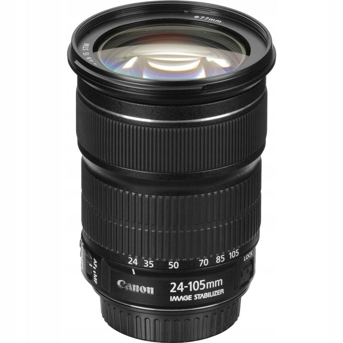 Obiettivo Canon 24-105mm, nero. Mostra le marcature di messa a fuoco e zoom.