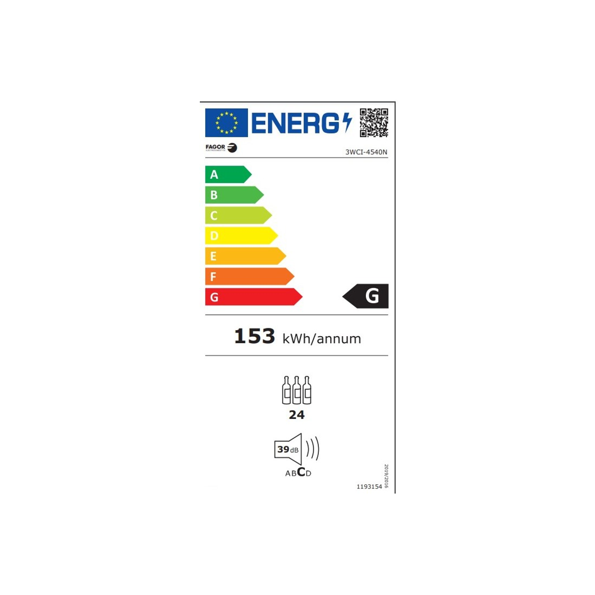Un'etichetta energetica bianca e verde con valutazioni e dettagli di consumo per un frigorifero.