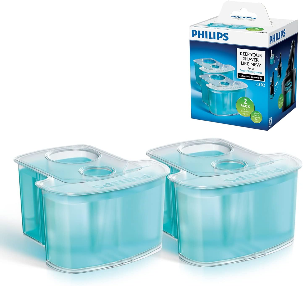 Dos recargas de cartuchos de limpieza Philips color turquesa frente a la caja, que está en el fondo.