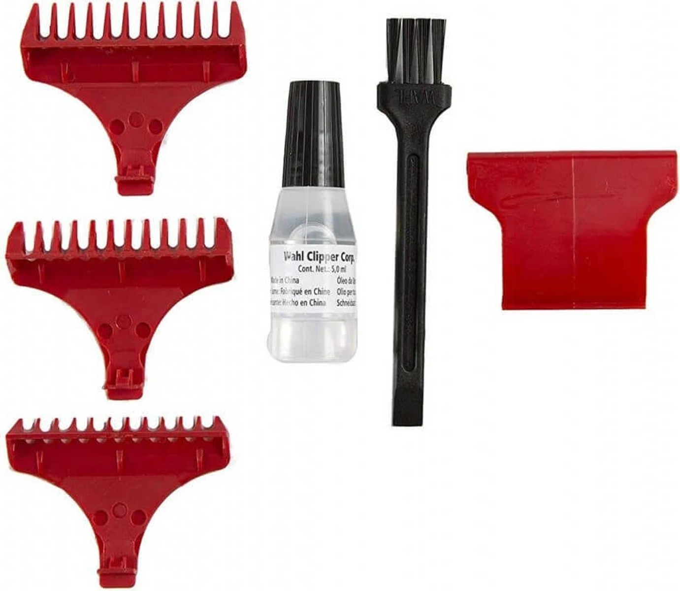 Accessori per tagliacapelli: pettini, olio e una spazzola. Colori rosso e nero.