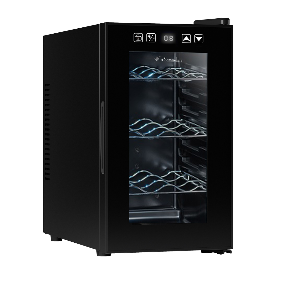 Una vinoteca negra con puerta de cristal que muestra botelleros.