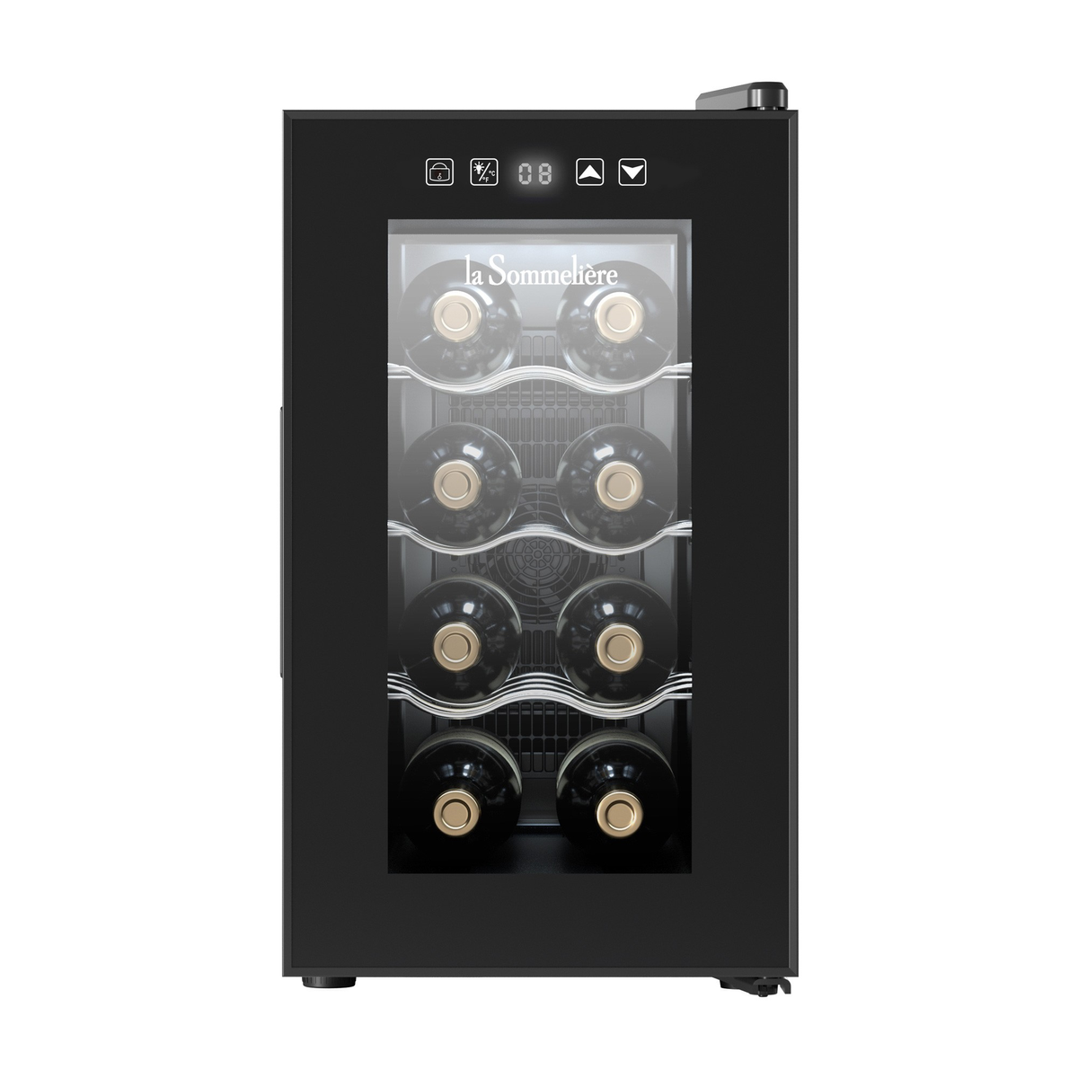 Enfriador de vino negro con puerta de cristal, con botellas de vino. Etiqueta La Sommeliere.