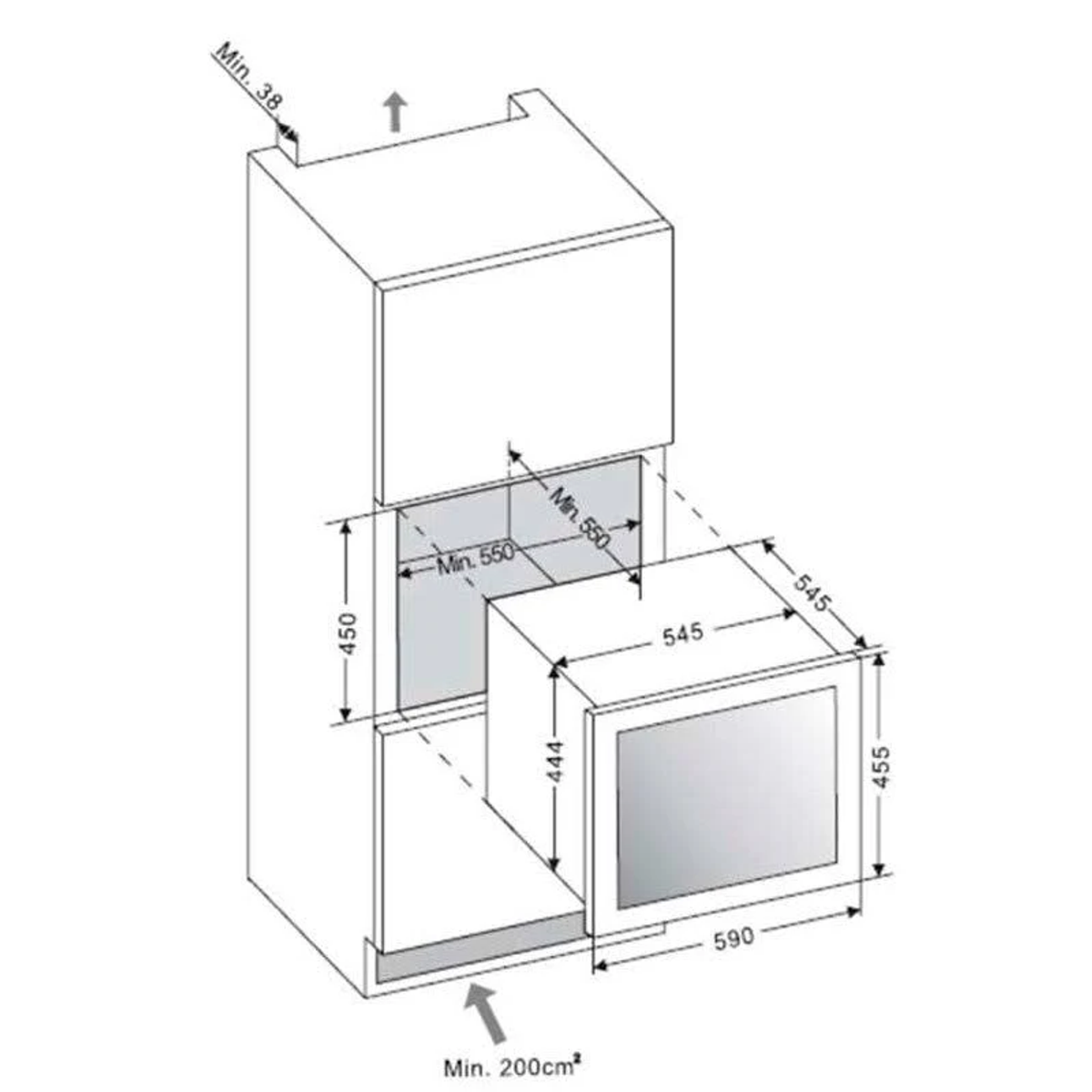Disegno tecnico di un forno a microonde, che mostra dimensioni e spazio di installazione.