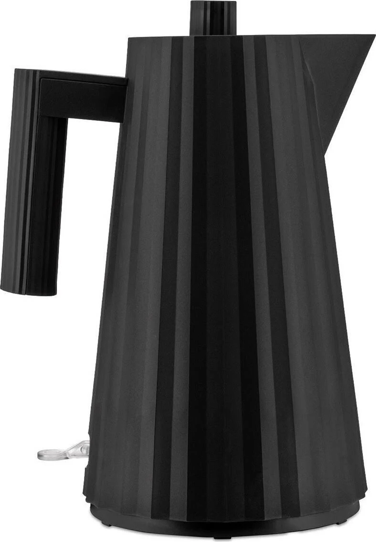 Hervidor eléctrico negro con diseño acanalado, asa negra y boquilla lateral.